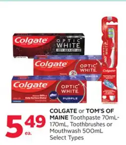 Rexall COLGATE or TOM'S OF MAINE Toothpaste 70mL-170mL, Toothbrushes or Mouthwash 500mL offer