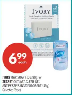 Shoppers Drug Mart IVORY BAR SOAP (10 x 90g) or SECRET OUTLAST CLEAR GEL ANTIPERSPIRANT/DEODORANT (45g) offer
