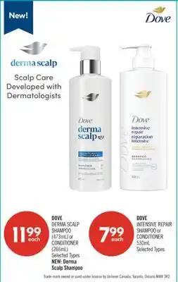 Shoppers Drug Mart DOVE DERMA SCALP SHAMPOO (473mL) or CONDITIONER (266mL) offer