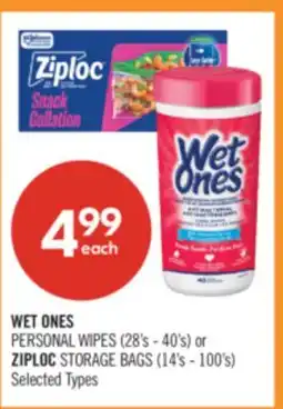 Shoppers Drug Mart WET ONES PERSONAL WIPES (28's - 40's) or ZIPLOC STORAGE BAGS (14's - 100's) offer