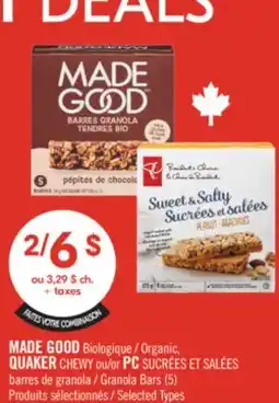 Pharmaprix MADE GOOD Organic, QUAKER CHEWY or PC SWEET & SALTY Granola Bars (5) offer