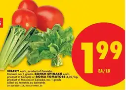 No Frills Celery, Bunch Spinach, Roma Tomatoes offer