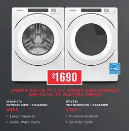 Leon's Amana 5.0 cu. ft. i.e.c. front load washer and 7.4 cu. ft. electric dryer offer