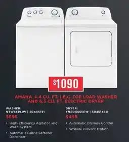 Leon's Amana 4.4 cu. ft. i.e.c. top load washer and 6.5 cu. ft. electric dryer offer