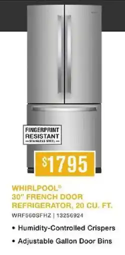 Leon's Whirlpool 30" french door refrigerator, 20 cu. ft. offer