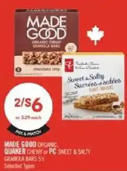Shoppers Drug Mart Made Good organic quaker chewy or pc sweet & salty granola bars offer