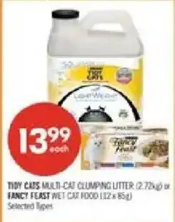 Shoppers Drug Mart Tidy Cats multi-cat clumping litter or fancy feast wet cat food offer