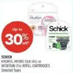 Shoppers Drug Mart Schick hydro5, hydro silk (4%) or intuition (3%) refill cartridges offer