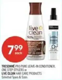 Shoppers Drug Mart TRESemmé pro pure leave-in conditioner or live clean hair care products offer