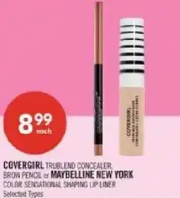 Shoppers Drug Mart Covergirl trublend concealer, brow pencil or maybelline new york color sensational shaping lip liner offer