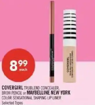Shoppers Drug Mart Covergirl trublend concealer, brow pencil or maybelline new york color sensational shaping lip liner offer