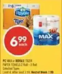 Shoppers Drug Mart pc sale or royale tiger paper towels 2 roll offer