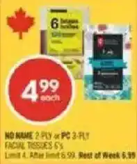 Shoppers Drug Mart No Name 2-ply or PC 3-ply facial tissues offer