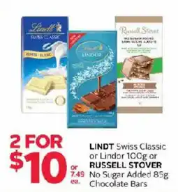 Rexall Lindt Swiss Classic or Lindor 100g or Russell Stover No Sugar Added 85g Chocolate Bars offer