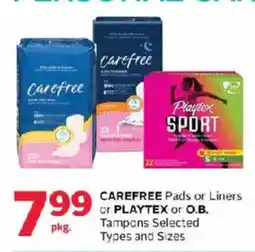 Rexall Carefree Pads or Liners or Playtex or O.B. Tampons Selected Types and Sizes offer