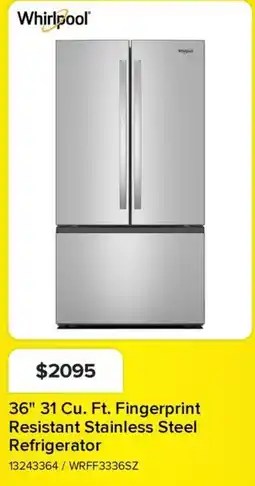 Leon's Whirlpool 36" 31 Cu. Ft. Fingerprint Resistant Stainless Steel Refrigerator offer