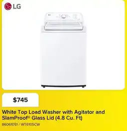 Leon's LG White Top Load Washer with Agitator and SlamProof® Glass Lid offer
