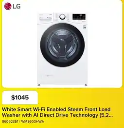 Leon's LG White Smart Wi-Fi Enabled Steam Front Load Washer with AI Direct Drive Technology offer