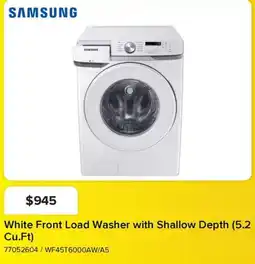Leon's Samsung white front load washer with shallow depth offer