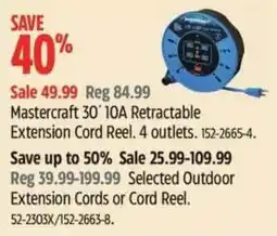 Canadian Tire Mastercraft 30' 10A Retractable Extension Cord Reel offer