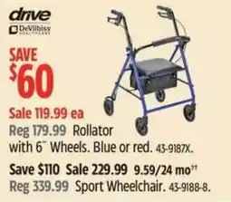 Canadian Tire Drive rollator with 6" wheels. blue or red. 43-9187x. offer