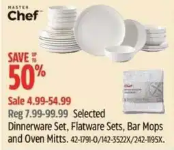 Canadian Tire Master Chef dinnerware set, flatware sets, bar mops and oven mitts offer