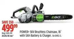 Canadian Tire Ego power+ 56v brushless chainsaw, 18" offer