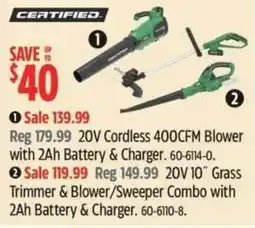Canadian Tire Certified 20V Cordless 400CFM Blower with 2Ah Battery & Charger offer
