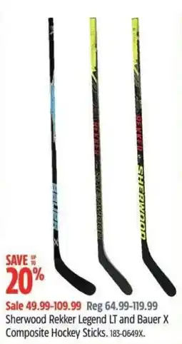 Canadian Tire Sherwood Rekker Legend LT and Bauer X Composite Hockey Sticks offer