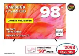 Visions Electronics SAMSUNG Crystal UHD 98 144Hz PANEL U9000H 4K Smart TV offer