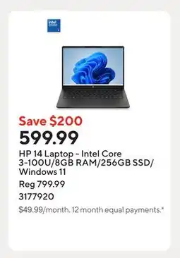 Staples HP 14 Laptop - Intel Core 3-100U/8GB RAM/256GB SSD/Windows 11 offer