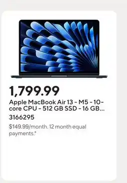 Staples Apple MacBook Air 13 - M5 - 10-core CPU - 512 GB SSD - 16 GB Unified Memory - Midnight offer
