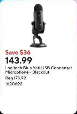 Staples Logitech Blue Yeti USB Condenser Microphone - Blackout offer