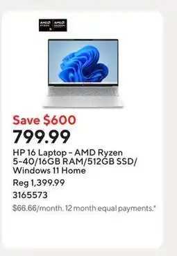 Staples HP 16 Laptop - AMD Ryzen 5-40/16GB RAM/512GB SSD/Windows 11 Home offer