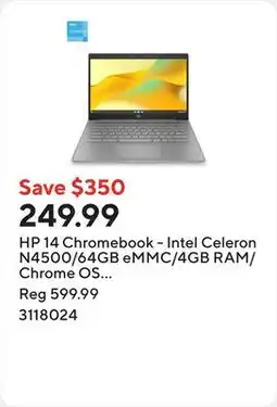 Staples HP 14 Chromebook - Intel Celeron N4500/64GB eMMC/4GB RAM/Chrome OS with 3 months of Google AI Pro offer