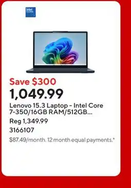 Staples Lenovo 15.3 Laptop - Intel Core 7-350/16GB RAM/512GB SSD/Touchscreen/Windows 11 Home offer