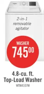 The Brick Whirlpool 4.8 Cu. Ft. Top Load Washer with 2-in-1 Removable Agitator - WTW4107SW offer