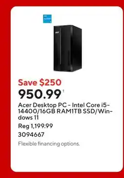 Staples Acer Desktop PC - Intel Core i5-14400/16GB RAM1TB SSD/Windows 11 offer