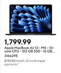 Staples Apple MacBook Air 13 - M5 - 10-core CPU - 512 GB SSD - 16 GB... offer