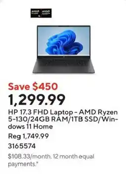 Staples HP 17.3 FHD Laptop - AMD Ryzen 5-130/24GB RAM/1TB SSD/Windows 11 Home offer