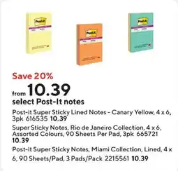 Staples Post-it super sticky lined notes offer