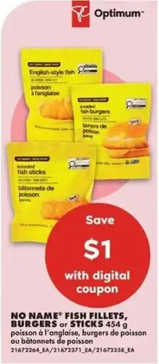 No Frills No Name fish fillets, burgers or sticks offer