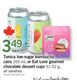 Fortinos Tonica low-sugar kombucha or Eat Love gourmet chocolate dessert cups offer