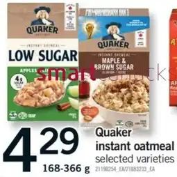 Fortinos Quaker instant oatmeal selected varieties offer