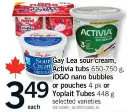 Fortinos Gay Lea sour cream, Activia tubs, iOGO nano bubbles or Yoplait Tubes offer