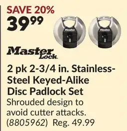 Princess Auto Master Lock 2 pk 2-3/4 in. Stainless-Steel Keyed-Alike Disc Padlock Set offer