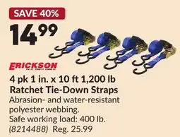 Princess Auto ERICKSON 4 pk 1 in. x 10 ft 1,200 lb Ratchet Tie-Down Straps offer