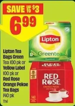 Chalo FreshCo Lipton Tea Bags Green Tea 100 pk or Yellow Label 100 pk or Red Rose Orange Pekoe Tea Bags 140 pk offer