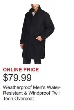 Costco Weatherproof Men's Water-Resistant & Windproof Twill Tech Overcoat offer