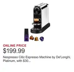 Costco Nespresso Citiz Espresso Machine by De'Longhi, Platinum, with $30 Nespresso coffee voucher offer